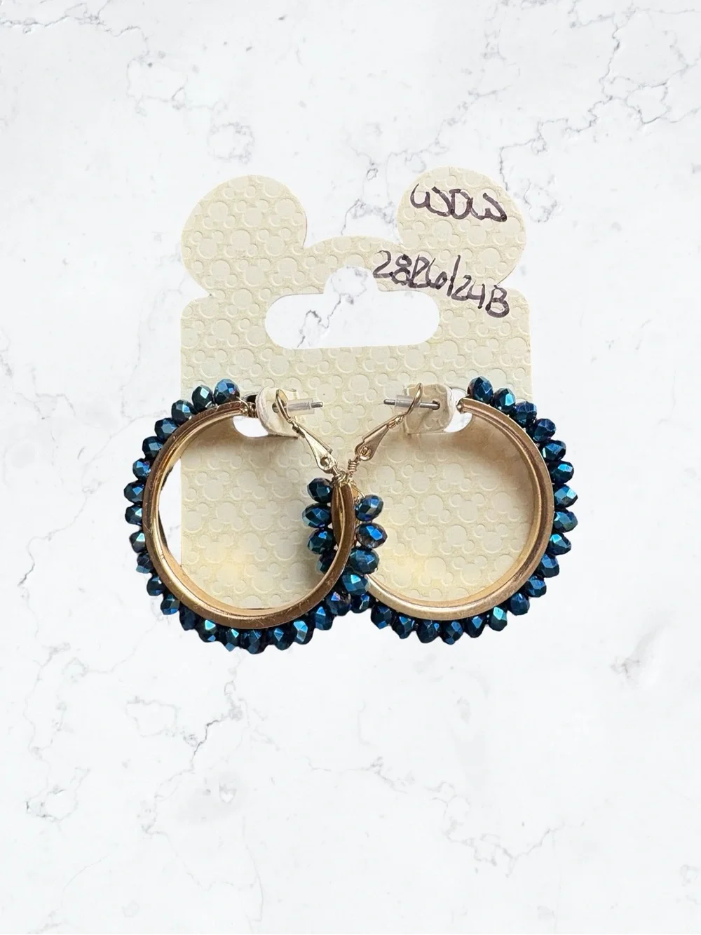 Disney Gold Hoop Earrings with Teal Blue Crystal Beads